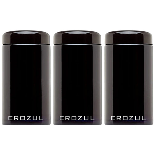 Three Erozul 500 ml (1 oz) screw top airtight wide mouth ultraviolet glass jars with EROZUL in white at the front, shown side by side. These jars offer high UV protection to preserve freshness and are designed to be smell-proof.